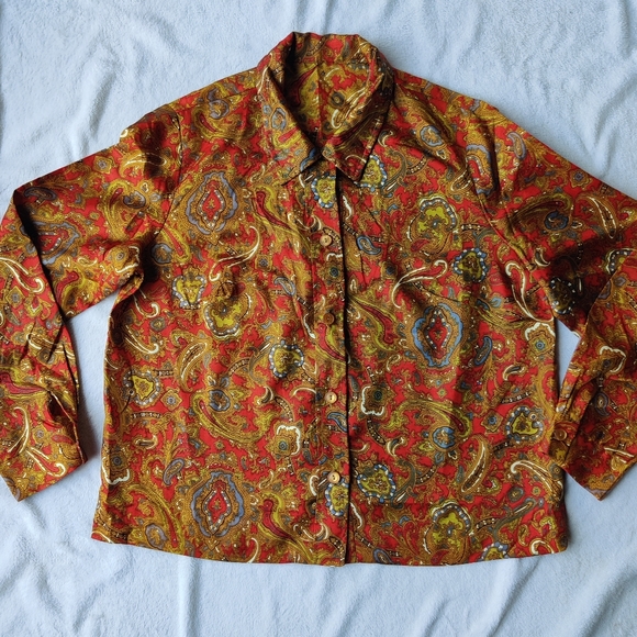 Barry Ashley Tops - 70s Paisley Shirt Women's 38 M Barry Ashley Disco Jewel Tones Psychedelic READ